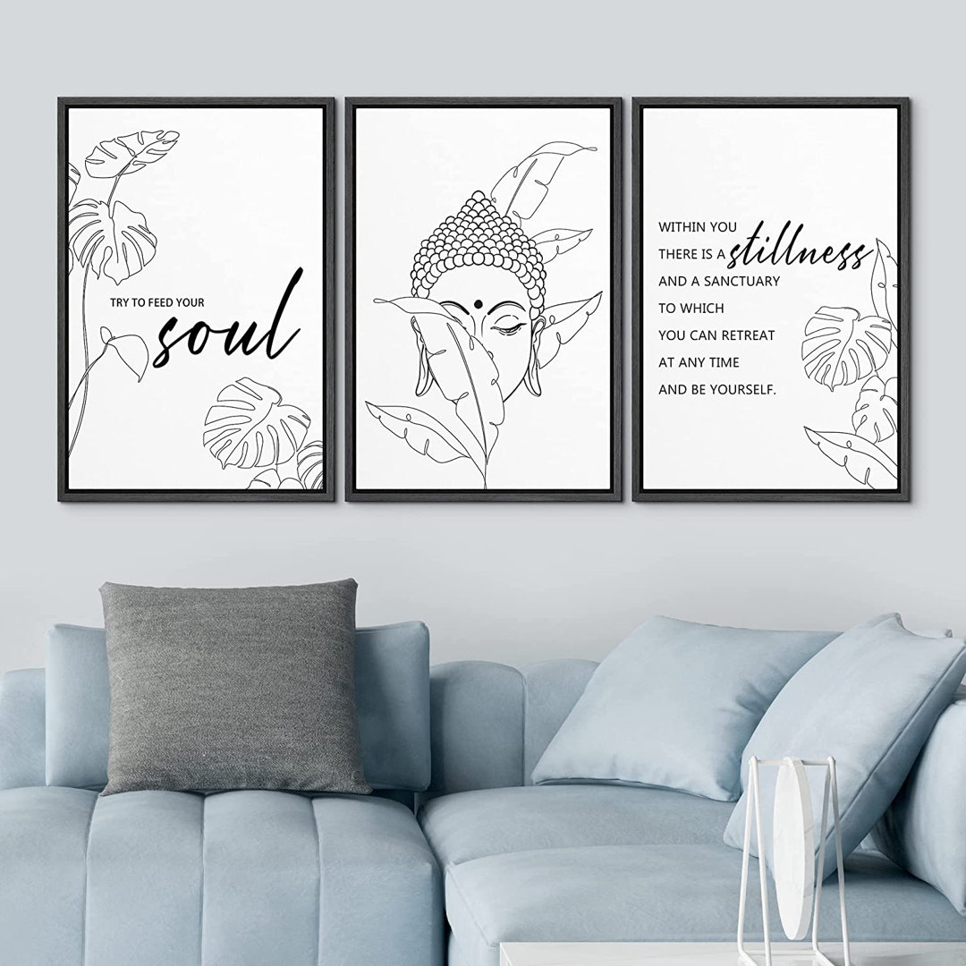Try To Feed Your Soul, Be Yourself Motivational Buddha Bedroom Decor Framed Canvas Print Wall Art IDEA4WALL Frame