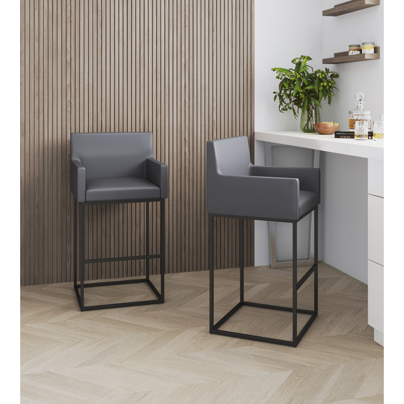 Ambassador Mid-Century Modern Vegan Leather Upholstered Metal Bar Stool in Gray, Gray, Bar Stool (30" Seat Height)