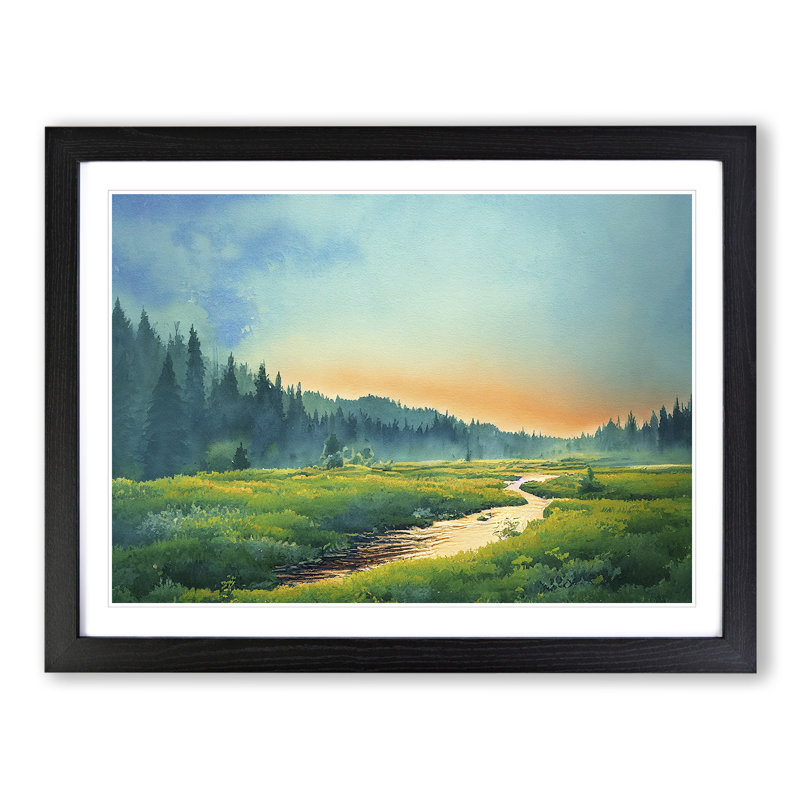 Watercolour Summer Forest View - Single Picture Frame Print, Black, 46cm H x 64cm W