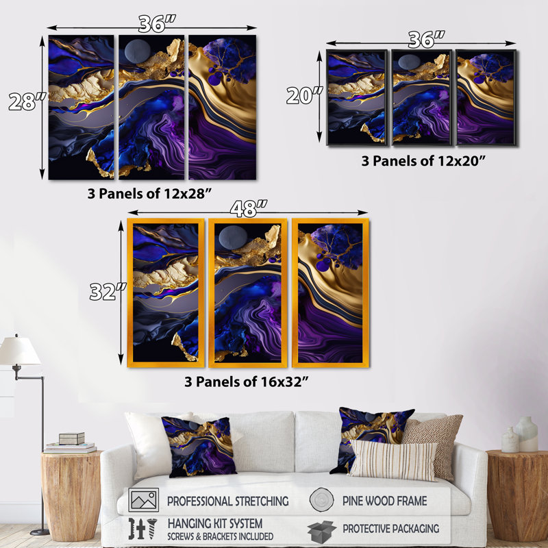 Géode abstraite en marbre mauve et bleu - 3 pièces sur toile, Cadre flottant noir, H 28 po x l 36 po x P 1 po