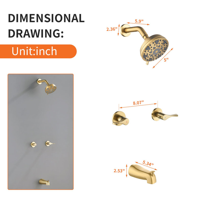 Système de douche mural avec bec de baignoire, robinet de douche à deux poignées, ensemble de garniture de douche en laiton avec valve brute