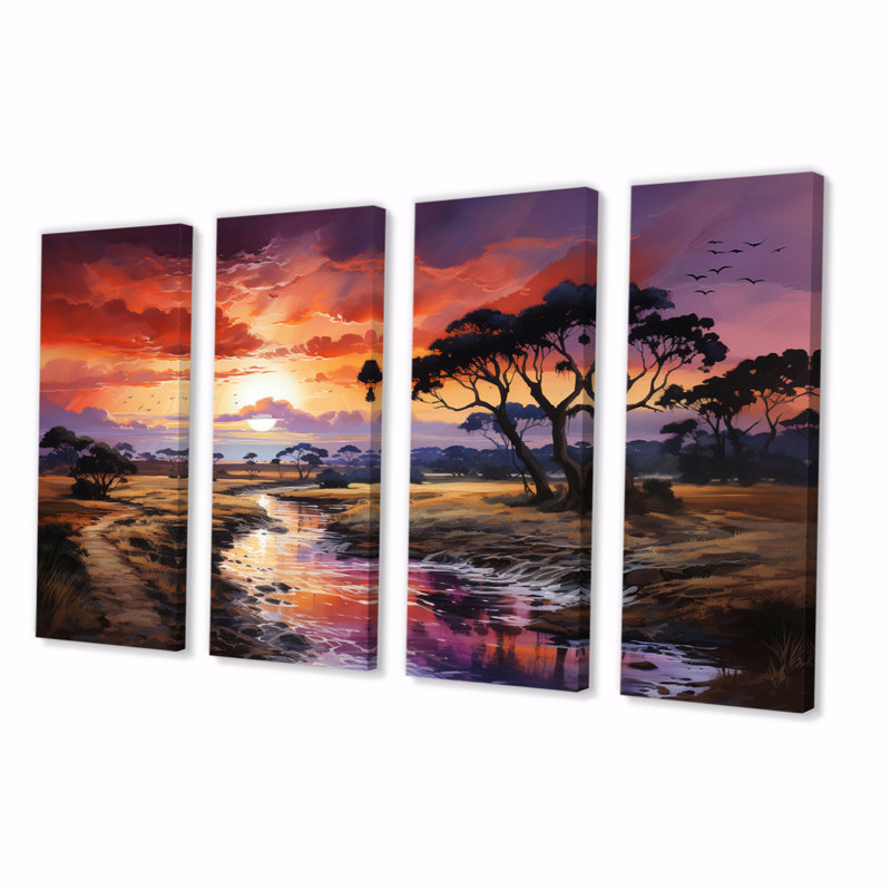 Coucher de soleil africain Serengeti - art mural africain, salon - 4 panneaux