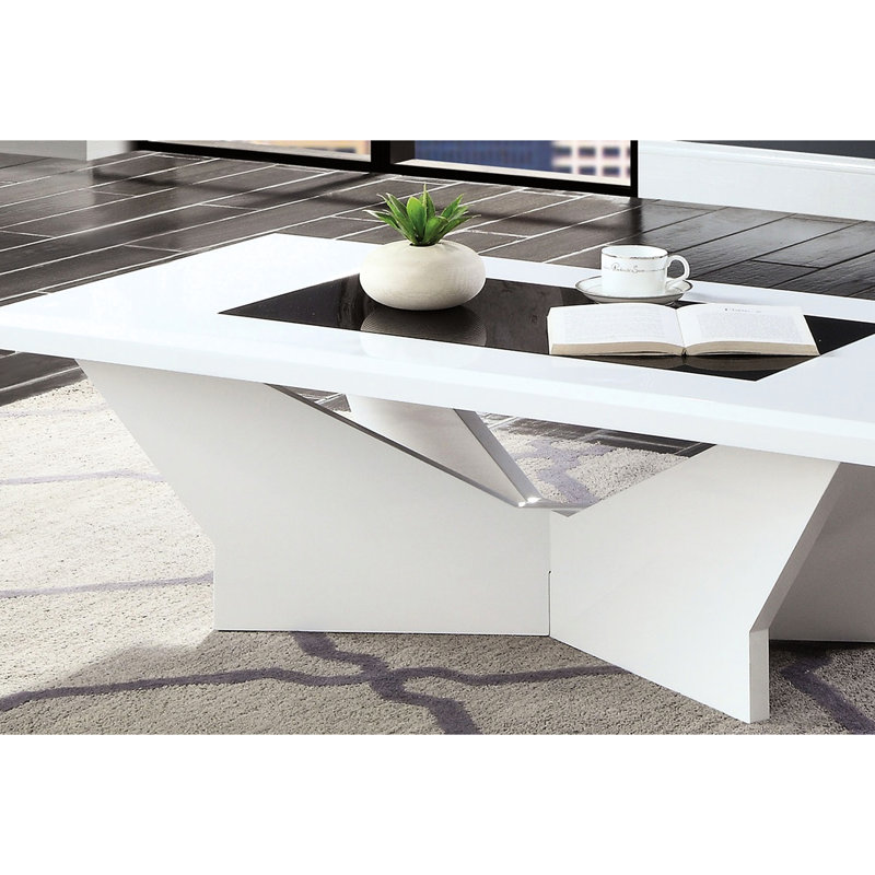 Table basse contemporaine avec verre trempé blanc et base géométrique ultrabrillante, poids de 65 lb, dessus de 23,35 po de profondeur et 47,04