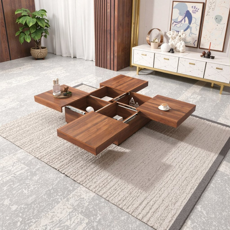 Sliding Top Storage Square Coffee Table 39.4 Inch MDF Modern, Walnut, Wood