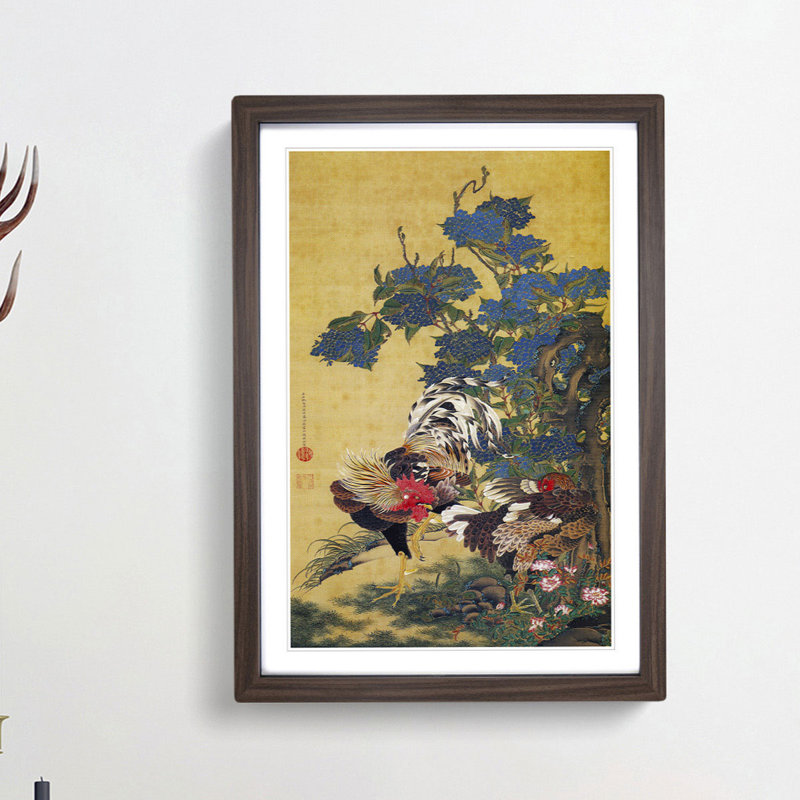 Two Roosters by Ito Jakuchu - Picture Frame Painting Print, 36cm H x 27cm W x 2cm D, Walnut Framed