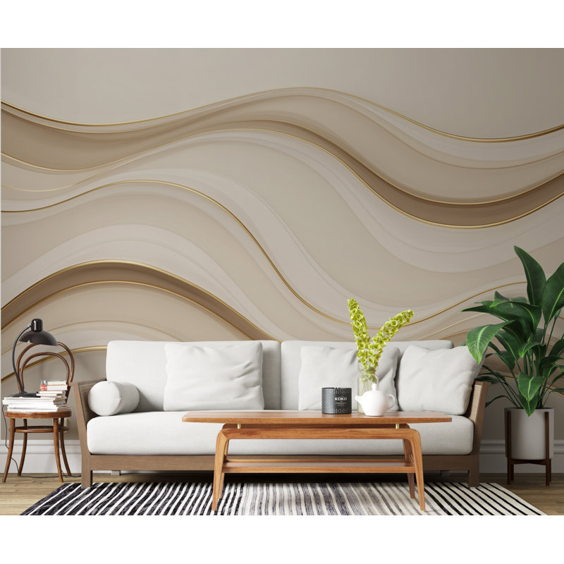 Papier peint luxueux avec vagues de l'océan, décoration murale abstrait mer, décor moderne beige doré, Coastal Minimalist 290DRE