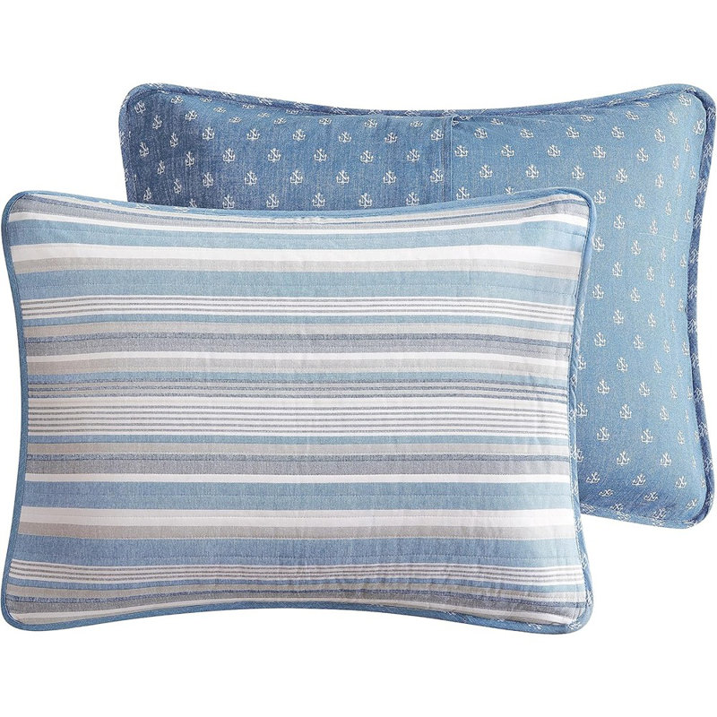 Ensemble de literie réversible 100% coton avec taies décoratives assorties, motif à rayures et ancres, ensemble de lit superposé léger toutes saisons, bleu Jettison