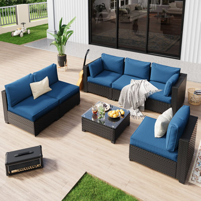 𝗣𝗿𝗲- 𝗮𝘀𝘀𝗲𝗺𝗯𝗹𝗲𝗱 𝗖𝗵𝗮𝗶𝗿𝘀, Mobilier de patio en rotin pour 6 personnes avec conversation et coussins épais pour sièges