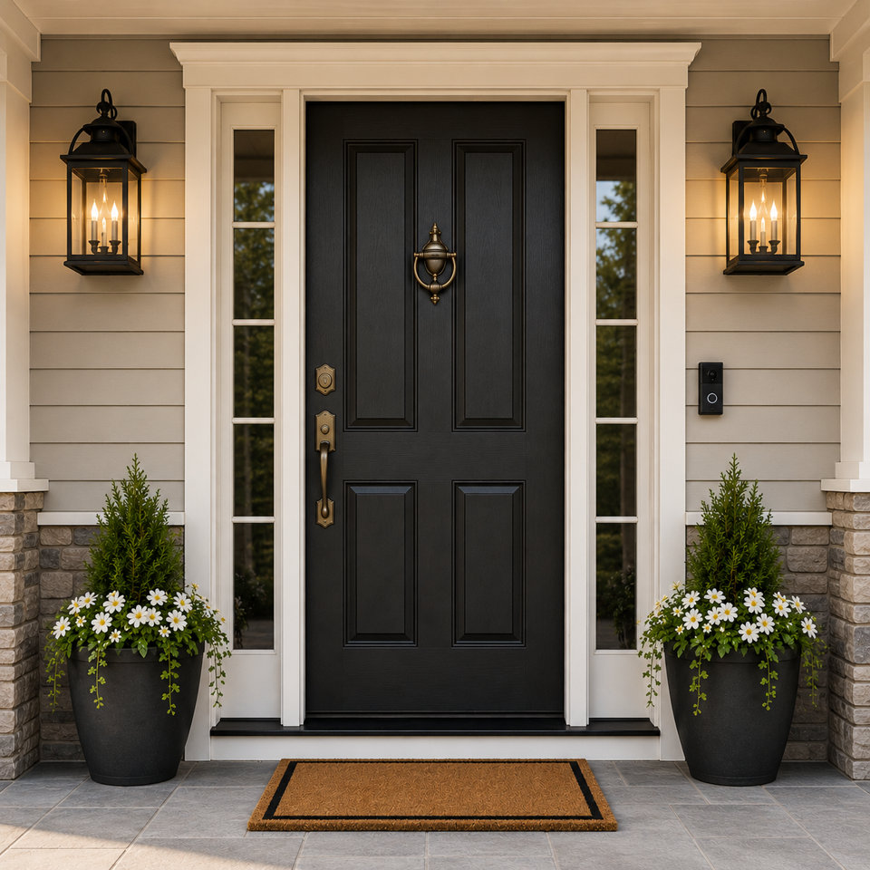 Front entrance featuring a black four-panel door with a brass knocker, flanked by two lighted wall lanterns, sidelights, and black planters filled with greenery and white flowers on a stone porch.