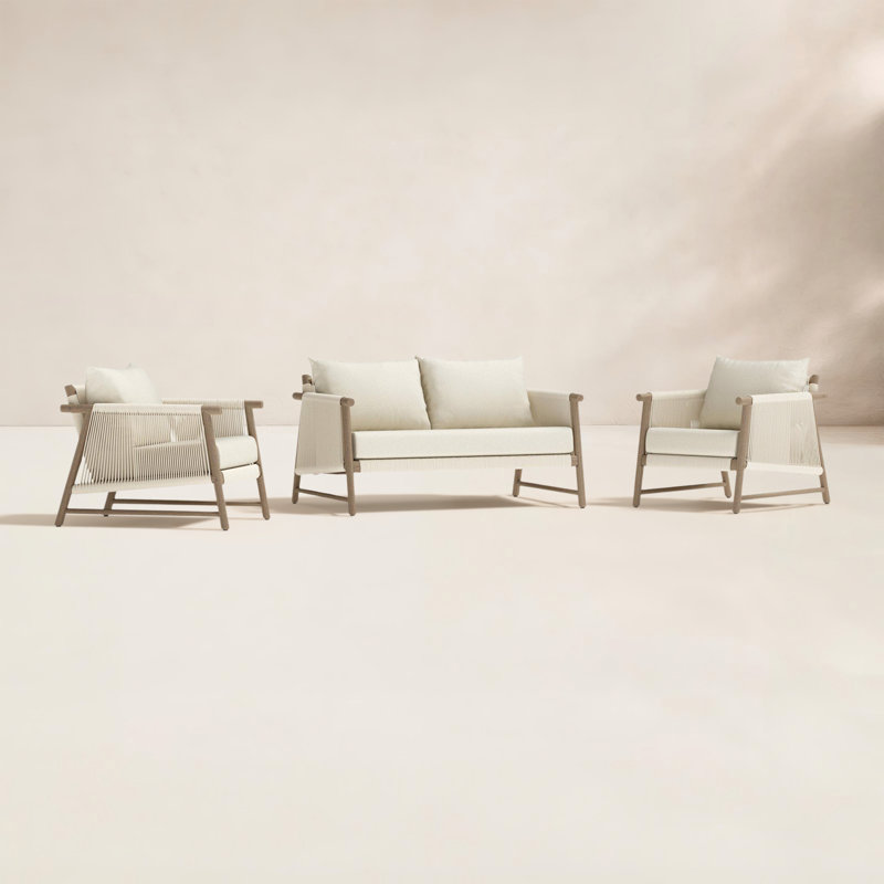 Diamondback 3 Piece Acacia Wood Outdoor Patio Loveseat Set With Rope Wicker - Olefin Linen