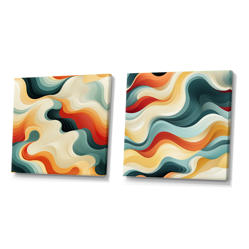 Nostalgic Mod Waves - Ensemble de 2 collages abstraits carrés, H 30 po x l 61 po, Toile tendue