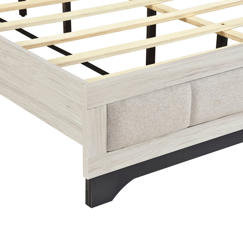 Très grand lit contemporain à deux tons en chêne blanc et gris, tête de lit tapissier en tissu moderne avec finition grise, pour la décoration