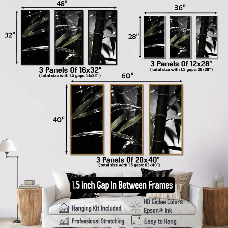«Black and White Bamboo Photo I», ensemble de reproductions d'art mural en bambou, Cadre flottant noir