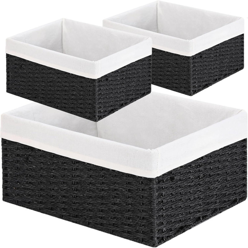 Wicker Basket, Set Of 3 Hand-Woven Storage Baskets For Organizing, Rectangle Wicker Storage Basket Bins With Handles, Small Toilet Paper Storage Baskets For Shelves & Decor