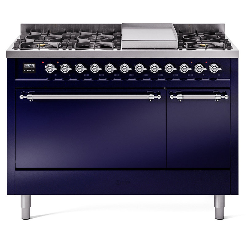 Cuisinière ILVE Nostalgie II Series 48 po à double combustible avec 8 brûleurs scellés et plaque de cuisson (gaz naturel, porte pleine)