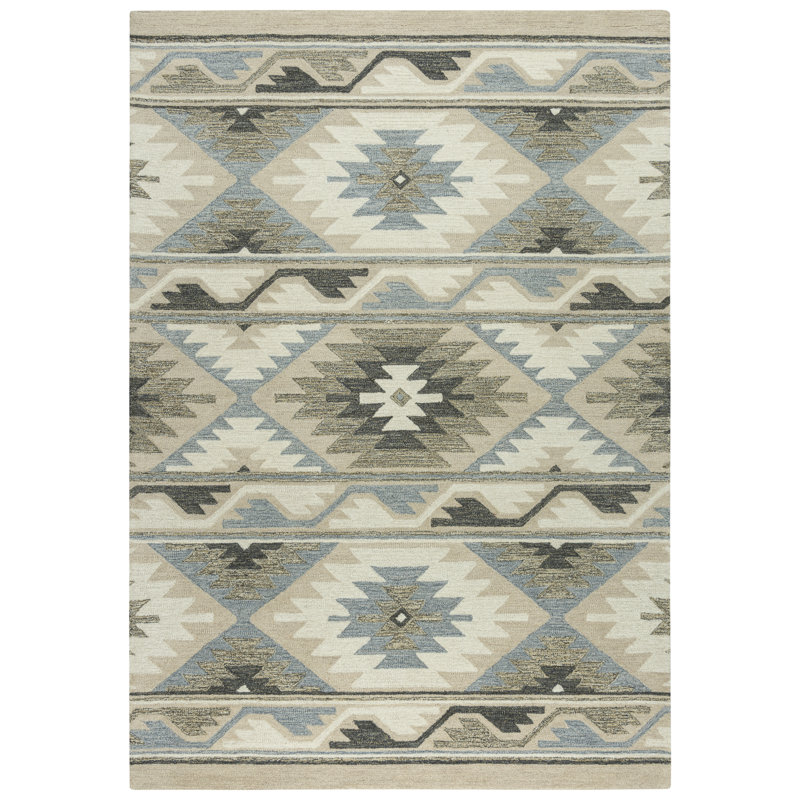 Tapis bleu clair en laine touffeté à la main Southwestern, Rectangle 5 pi x 7 pi 6 po