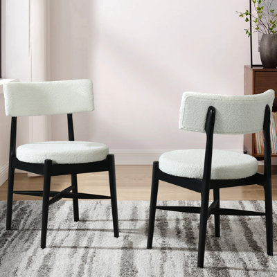 Chaises de salle à manger de style Mid-Century moderne en noir et beige avec structure en bois d'hévéa, siège rembourré Boucle, espaces intérieurs pour soupers, sièges classiques à dossier ouvert, haute qualité