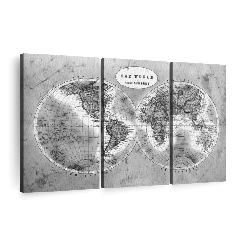 Carte du monde 3 pièces «BW Map» par Tess P, H 48 po x l 74 po x P 1,25 po