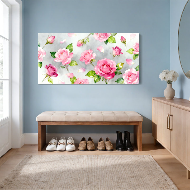 Ensemble de 1 tableau mural aquarelle de roses roses à motif floral, H 12 po x l 36 po