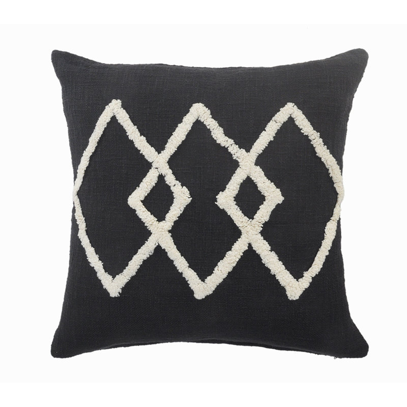 Square Trellis Contrasting Border Cotton Blend Pillow Cover, Polyester/Polyfill, Black Geometric