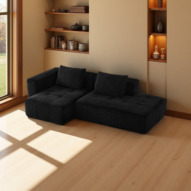 L-Shape Modular Compressed Couch,Cloud Sectional Sofa With Chaise Lounge,No Assembly Required, Black Chenille