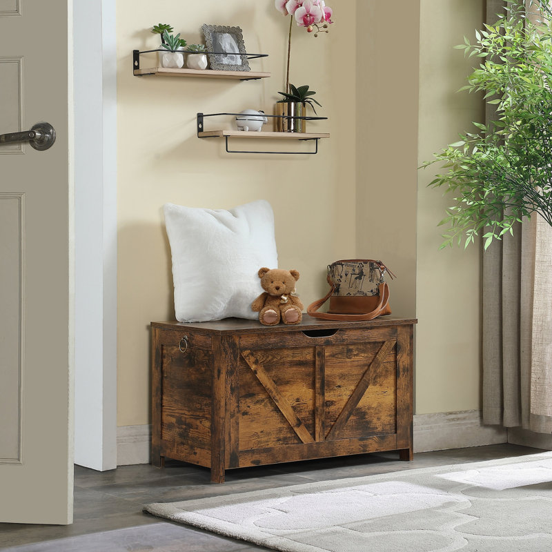 Banc de rangement rustique brun avec intérieur spacieux et poignée en forme de U, organisateur de coffre à jouets polyvalent et solution d'assise pour plusieurs pièces, assemblage facile et fabrication durable