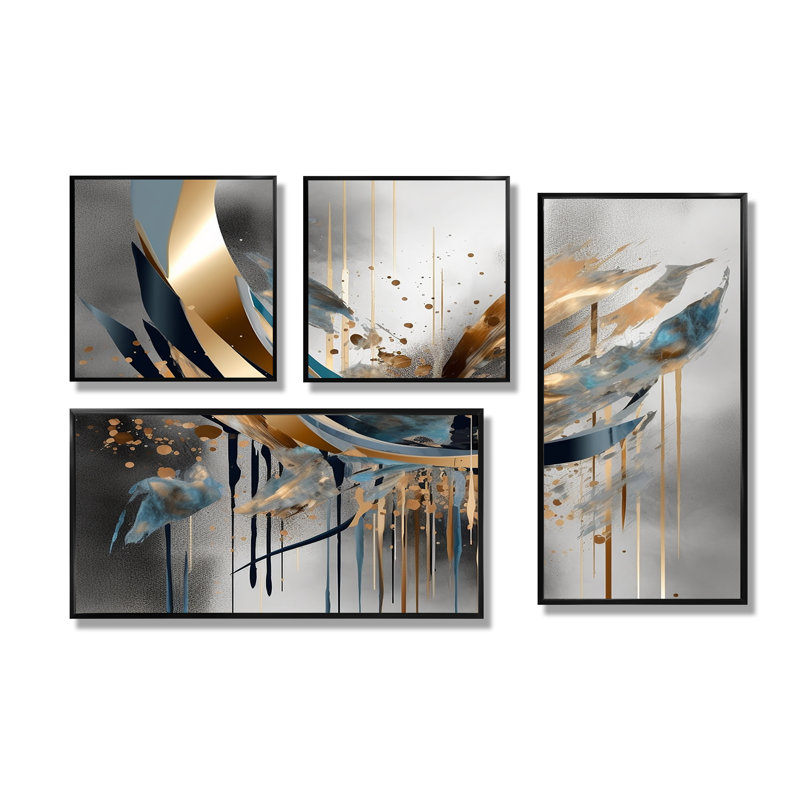 Formes abstraites et lignes infinies II - art mural moderne 4 pièces, Impression encadrée sans passe-partout, Noir