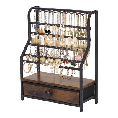 Earring Holder Organizer - Jewelry Organizer Stand with Necklace Hooks, Watch Rods, Nonwoven Drawer, Large Capacity Jewelry Display for Stud Earring Bracelet Necklace Ring