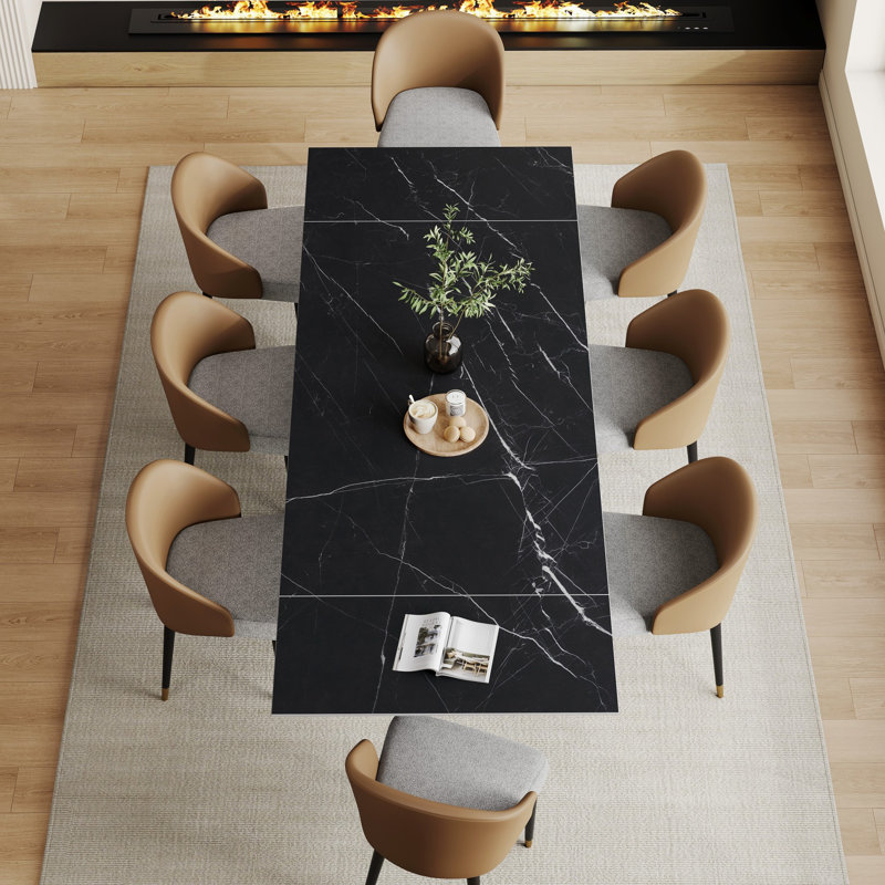 Russile 9 - Piece 94.48'' Extendable Sintered Stone Dining Table With 8 Leather Chairs Dining Set, Black, Orange/Gray