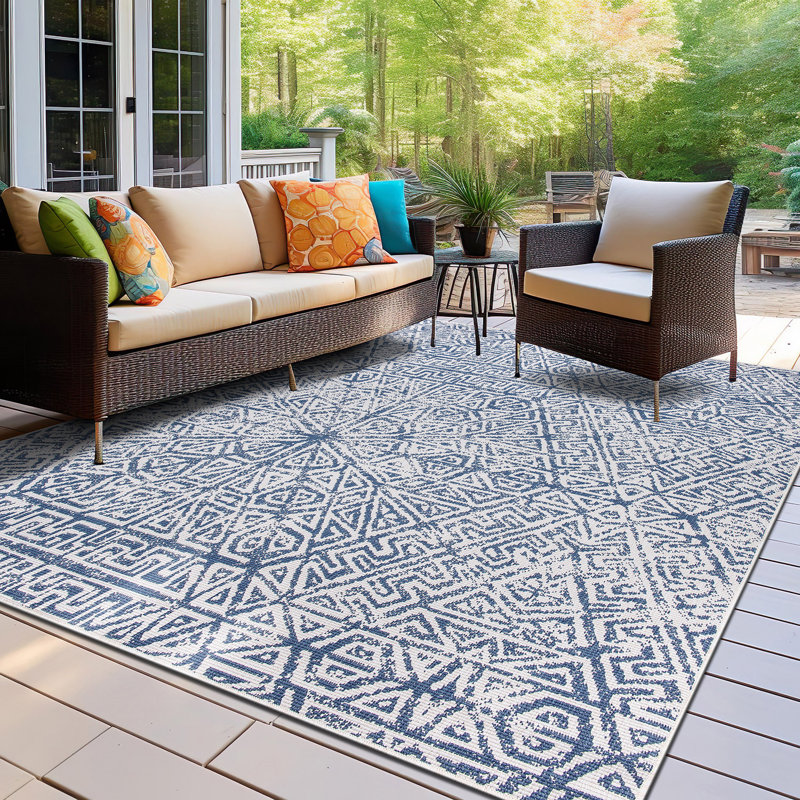 Butilone Reversible Geometric Blue/Ivory Indoor & Outdoor Area Rug, Rectangle 5' x 7'