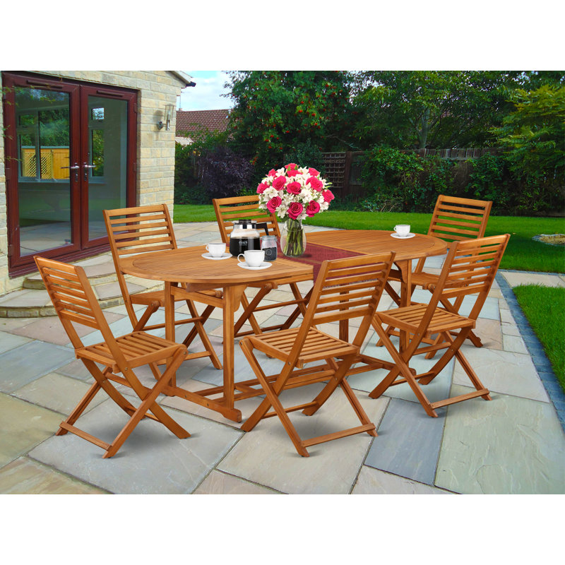7 Piece Outdoor Patio Dining Sets Consist of an Oval Acacia Wood Table and 6 Folding Side Chairs, 36x78 Inch, Natural Oil