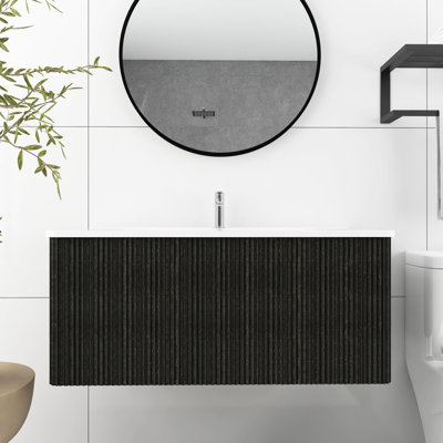 36 In. Wall-Mounted Bathroom Vanity In Black With Integrated Ceramic Sink