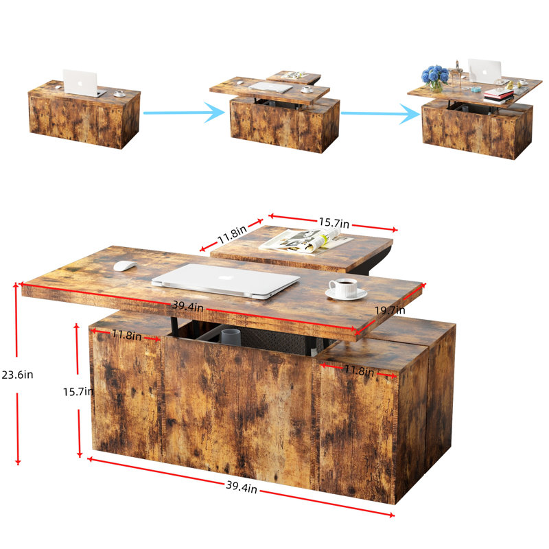 Hambling Lift Top Coffee Table,3 in 1 Multi-Function Coffee Table with 4 Storage Bench, Wood, Rustic Brown
