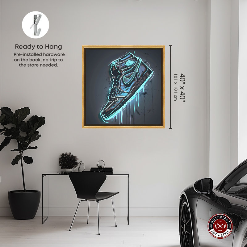 Art mural sur toile 1 pièce Notoriart Blue Glow Sneaker, Cadre doré, H 41 po x l 41 po
