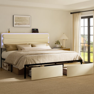 Upholstered King Bed with 2 Storage Drawers,Velvet Storage Bed with LED Light and Charging Station,No Spring Boxing Needed