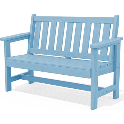 Banc d'extérieur, bancs d'extérieur en PEHD résistant aux intempéries, banc de jardin pour 2 personnes avec une capacité de poids de 660 lb, bancs de patio pour l'extérieur, jardin, porche, cour et parc, bleu clair