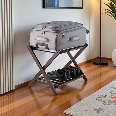 Beatrice Cappuccino Finish Luggage Rack with Shelf, 19.93" H X 26.51" W X 18.6" D