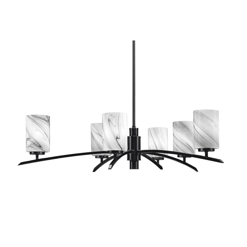 Kurve Light Chandelier With 4" Onyx Swirl Glass, Matte Black, 6, 58.25" H x 31" W x 31" D