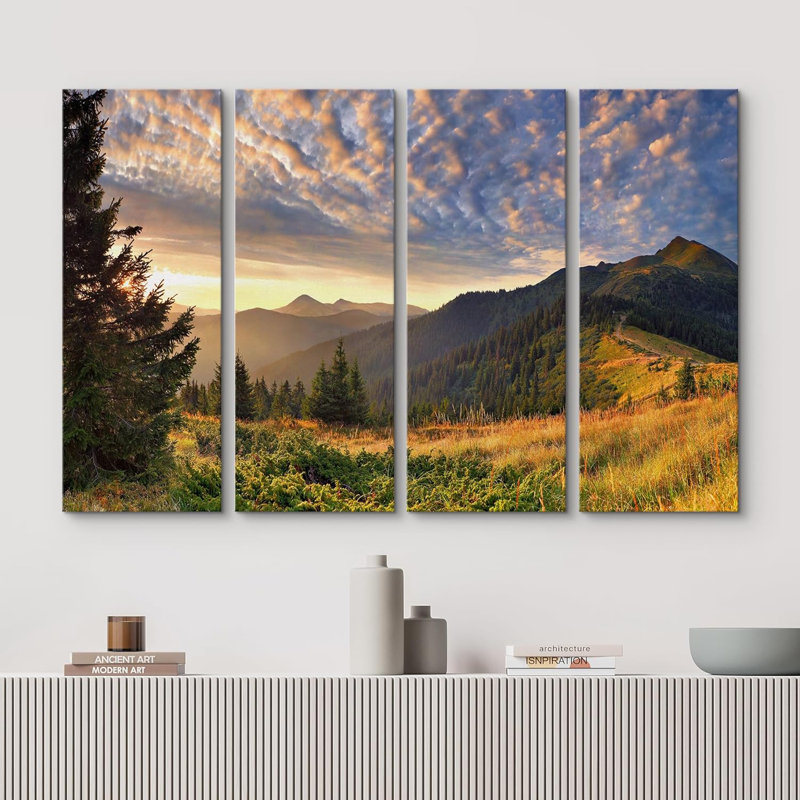 IDEA4WALL Canvas Print Wall Art Sunset Over The Golden Mountain Forest Landscape Nature