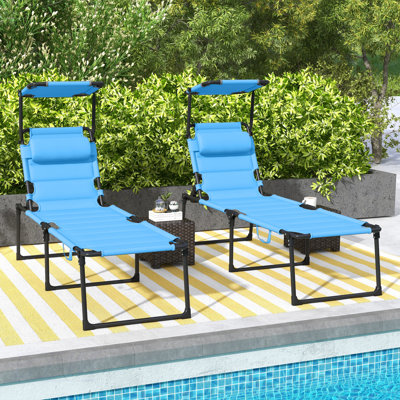 2 Pcs Outdoor Adjustable Backrest Folding Chaise Lounge With Sunshade And Pillow, Ideal For Beach, Camping, And Patio Relaxation