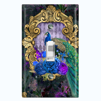 Metal Light Switch Plate Outlet Cover (Peacock Feathers Green Colourful Flowers Frame - Single Toggle)