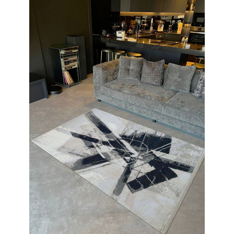 Tapis décoratif à motif graffiti géométrique abstrait à motif gris noir Barcelona Collection