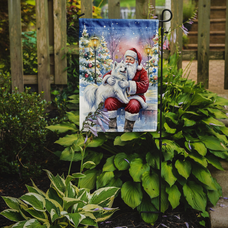Samoyède avec le drapeau du jardin du Père Noël, Taille du jardin, Samoyède