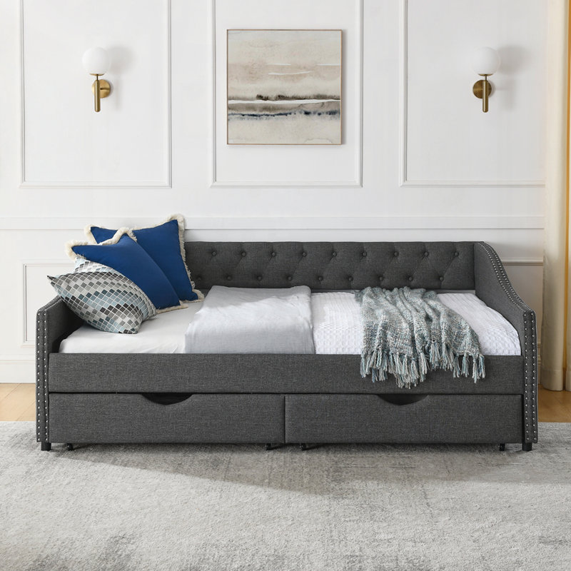 Upholstered Full Size Daybed with Drawers, Full/Double, Dark Gray