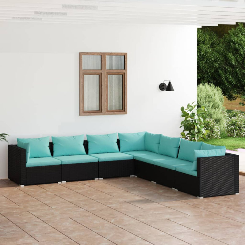 7 Piece Lounge Sofa Seating Group, Water blue, Black