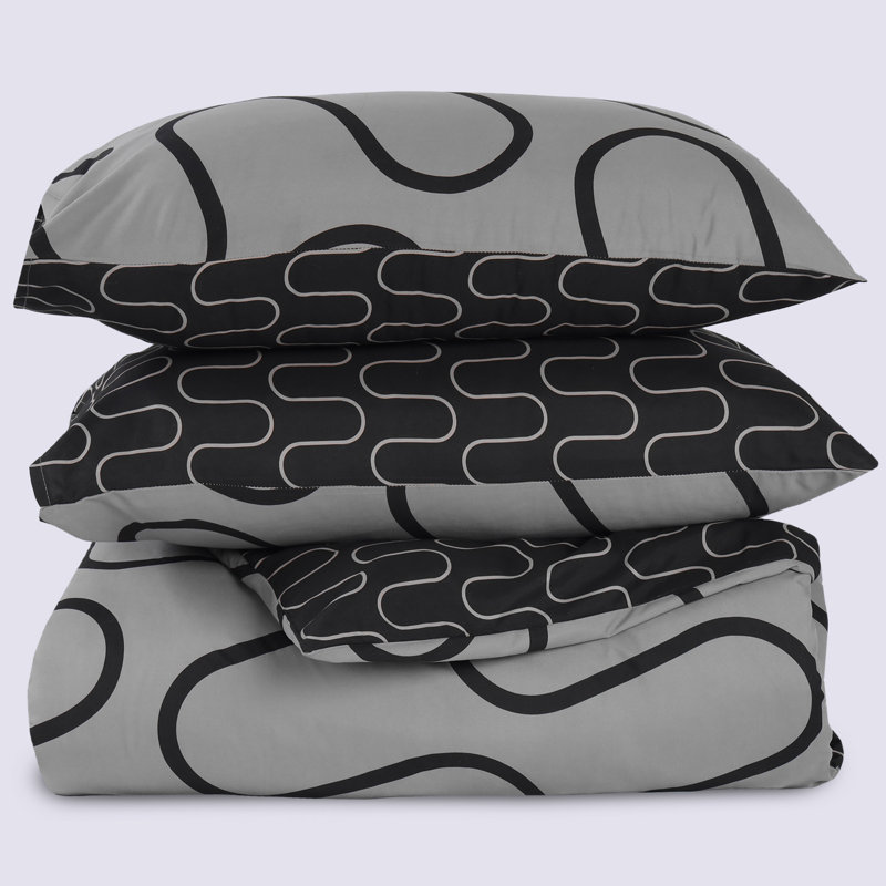 Microfiber Geometric Shapes Duvet Cover Set with Pillowcases, Double Duvet Cover + 2 Standard Pillowcases, Black/Grey