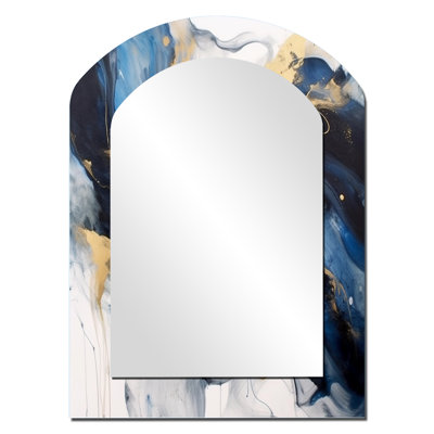 McKibbens Dark Blue and Gold Strokes XII - Fractals Asymmetrical Decorative Wall Mirror, Blue Arch Large Mirror, Printed Metal Art