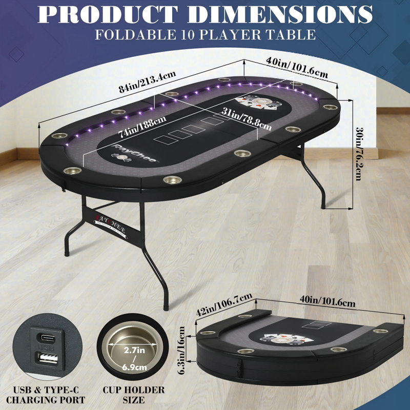 Kulamoon 84'' 10 - Player Foldable Poker Table, Black