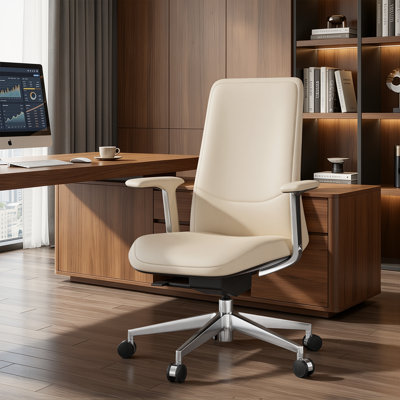 Fauteuil de direction en cuir véritable, fauteuil de bureau pivotant ergonomique à dossier moyen, fauteuil de bureau pivotant avec base en aluminium et hauteur réglable, pour bureau et bureau