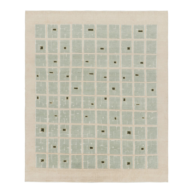 Rug & Kilim’S French Art Deco Style Rug In Cream With Seafoam Geometric Pattern